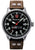 Reloj de hombre con esfera negra, manecillas rojas y correa de cuero marrón