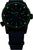 Pulsera con esfera oscura y marcadores luminosos verdes, caja negra, correa textil