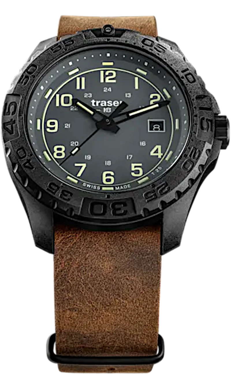 Reloj de hombre con esfera oscura, bisel negro y correa de cuero marrón