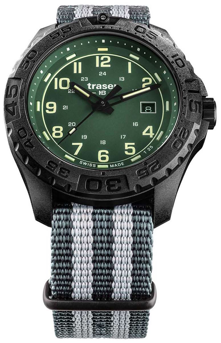 Reloj de hombre redondo con esfera verde luminosa, bisel oscuro y correa de nailon gris y negro