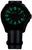 Reloj de hombre redondo con índices luminiscentes verdes, esfera negra y correa textil negra