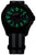 Pulsera de hombre con caja negra, correa de tela oscura y números verdes luminosos