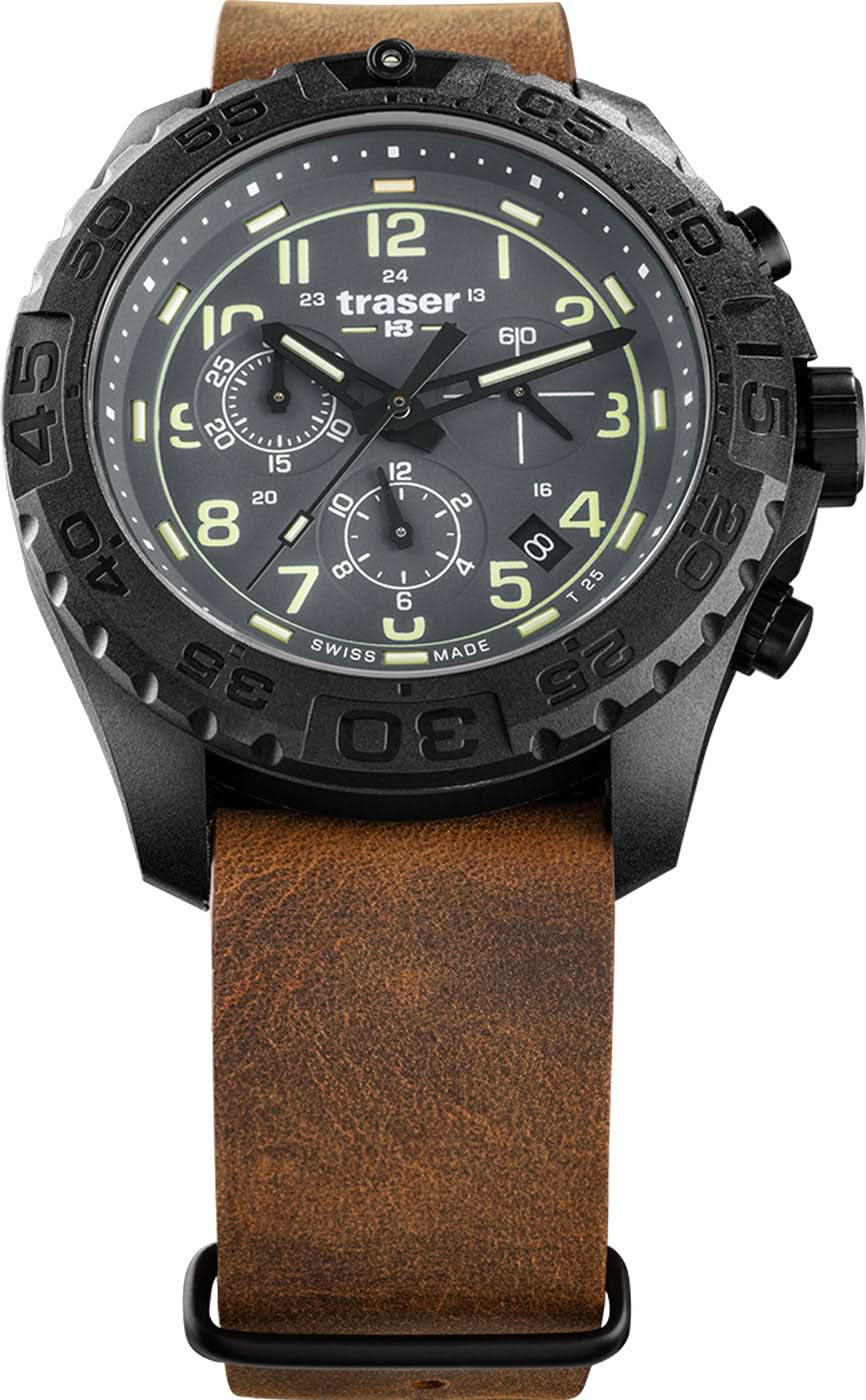 Reloj de hombre con correa de cuero marrón, caja negra y esfera oscura