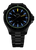 Reloj de hombre con correa de metal, esfera negra y pantalla luminosa verde y azul