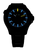 Esfera del reloj en detalle: índices luminosos azules, marcadores y manecillas amarillas