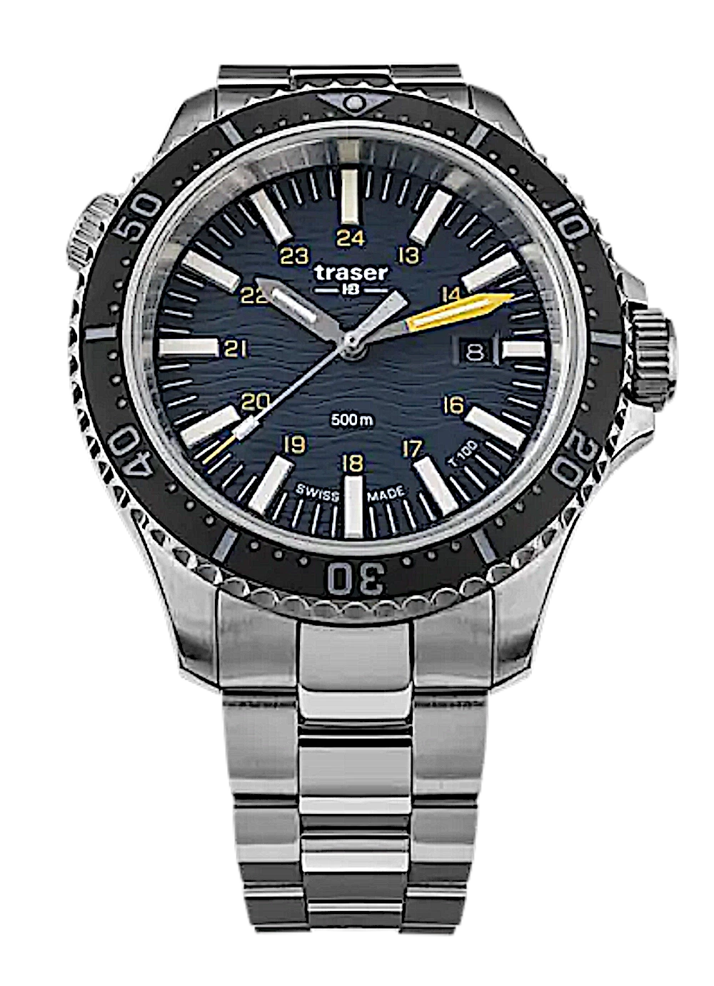 Reloj de hombre con correa de metal, esfera negra e índices luminosos, 3 agujas