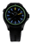 Pulsera de hombre con bisel negro, índices luminosos azules y correa de silicona negra
