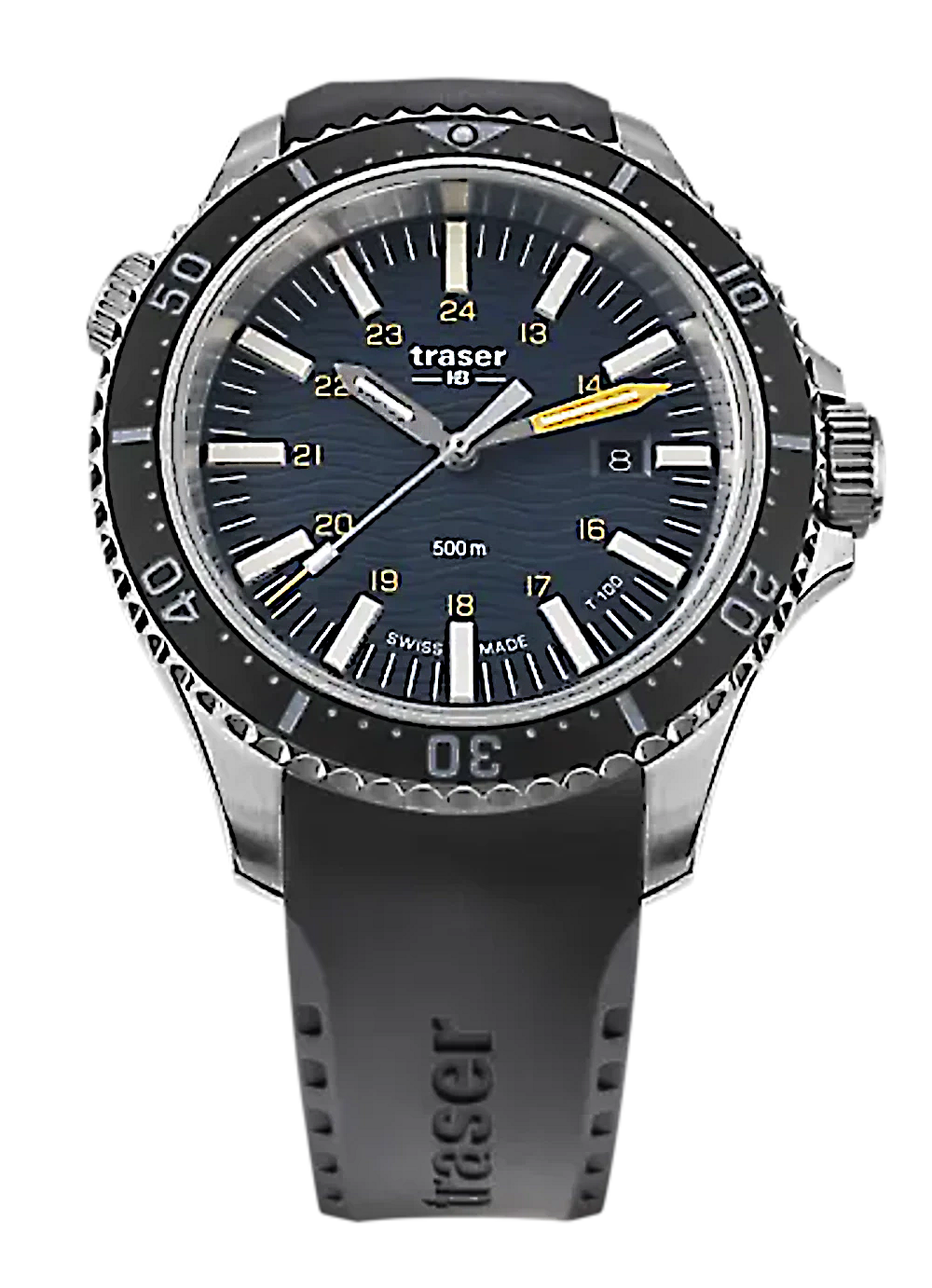 Traser P67 Diver Herrenuhr mit schwarzem Zifferblatt, Stahl-Lünette und schwarzem Gummiarmband