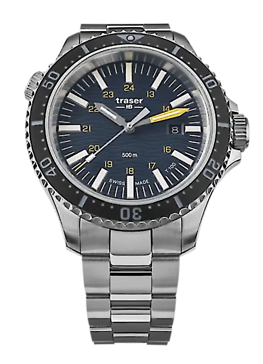 Reloj de buceo Traser con esfera azul y correa de acero, índices luminosos