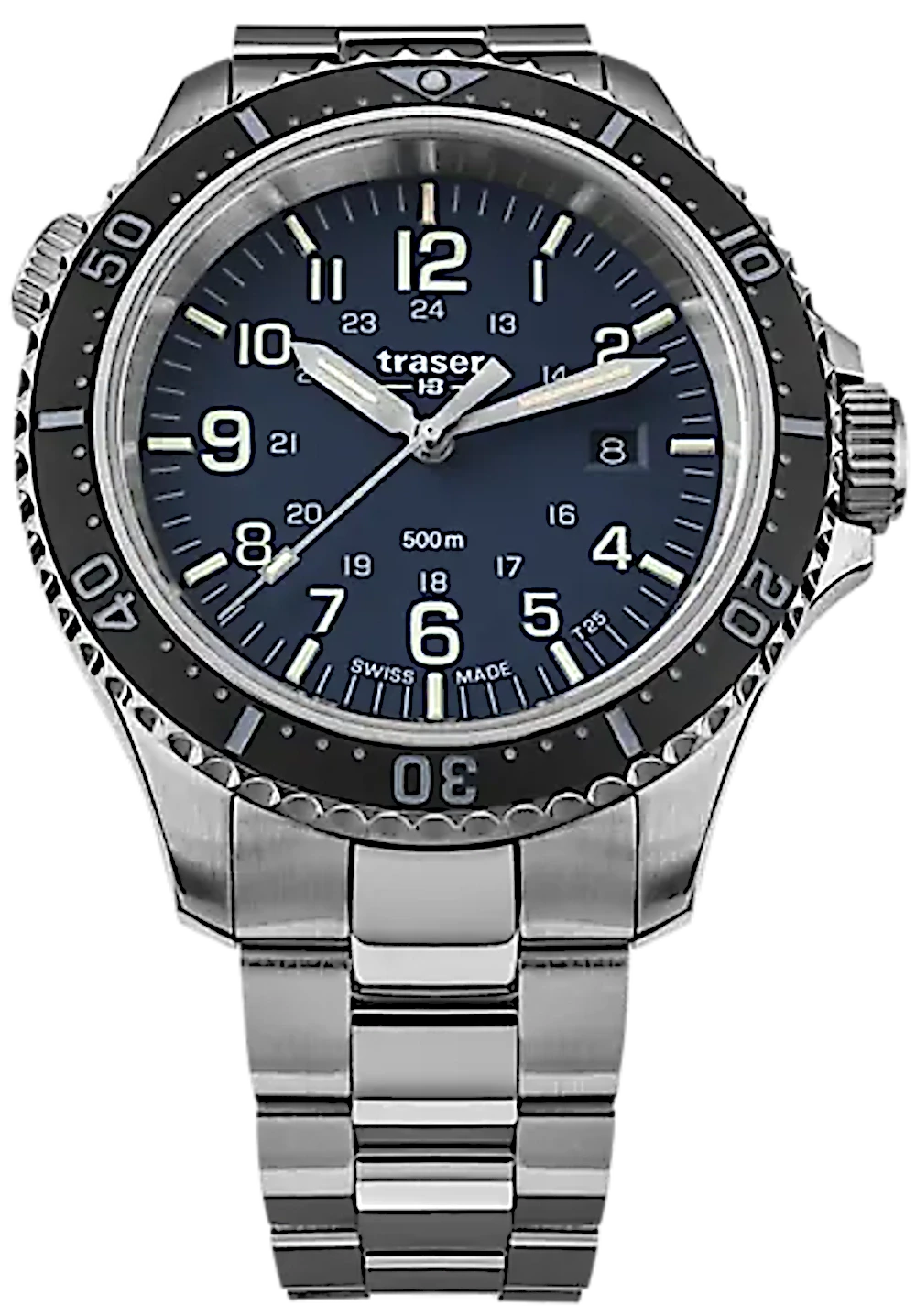 Reloj de buceo para hombre con esfera azul, marcadores luminosos y pulsera de metal