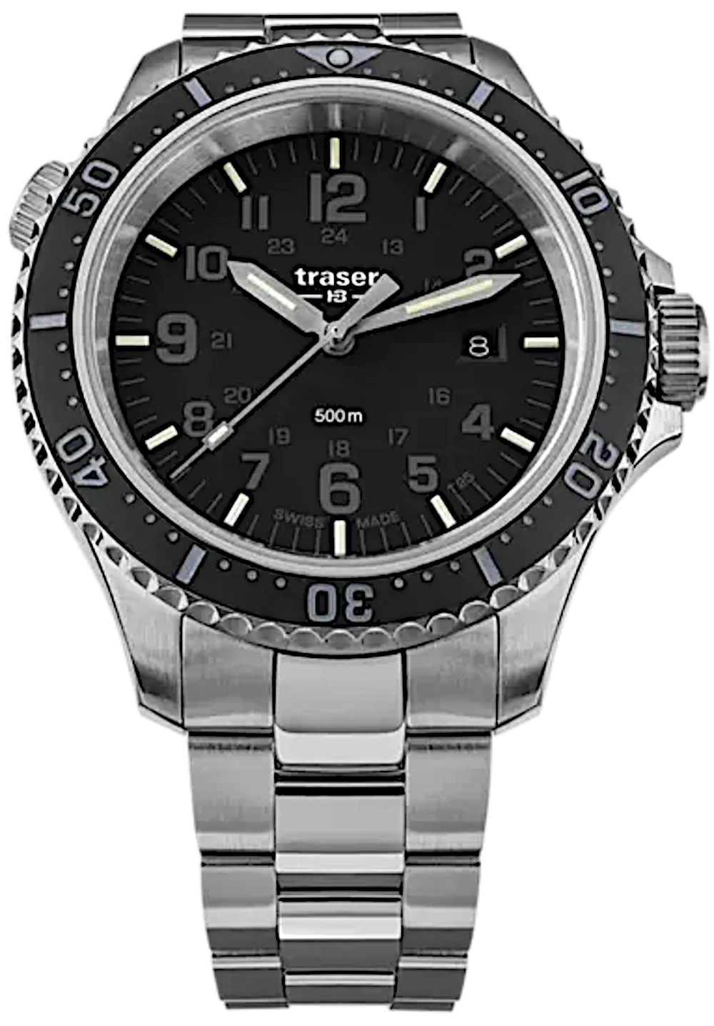 Reloj de buceo para hombre con esfera negra, caja de acero y brazalete de metal