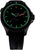 Reloj de hombre con esfera negra, marcadores luminosos verdes y correa de silicona negra