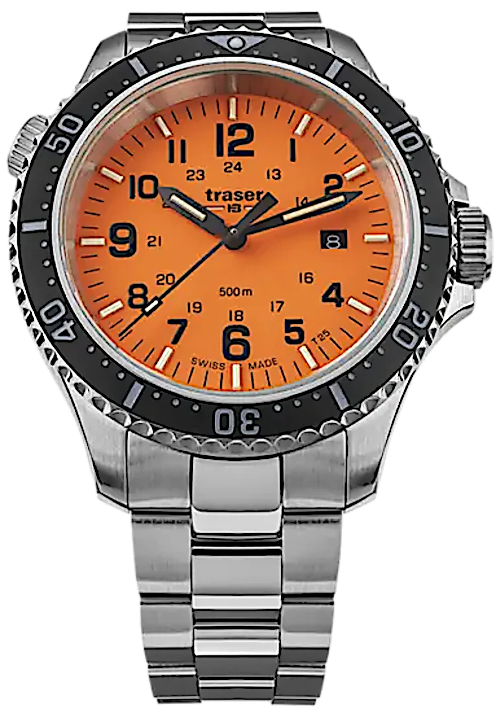 Reloj para hombre con esfera naranja, bisel negro y correa de metal