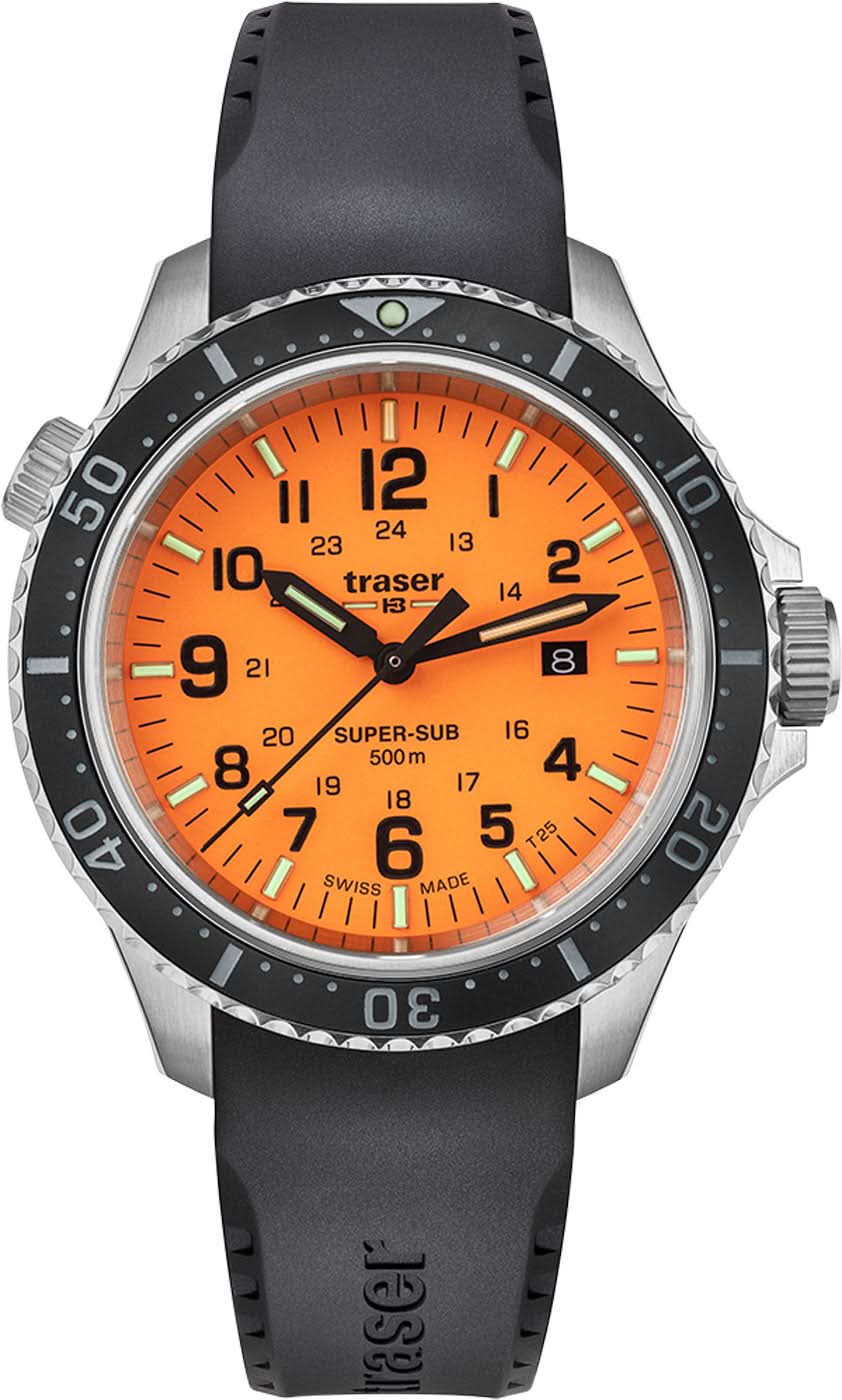 Pulsera de hombre con caja negra, esfera naranja y correa de silicona.