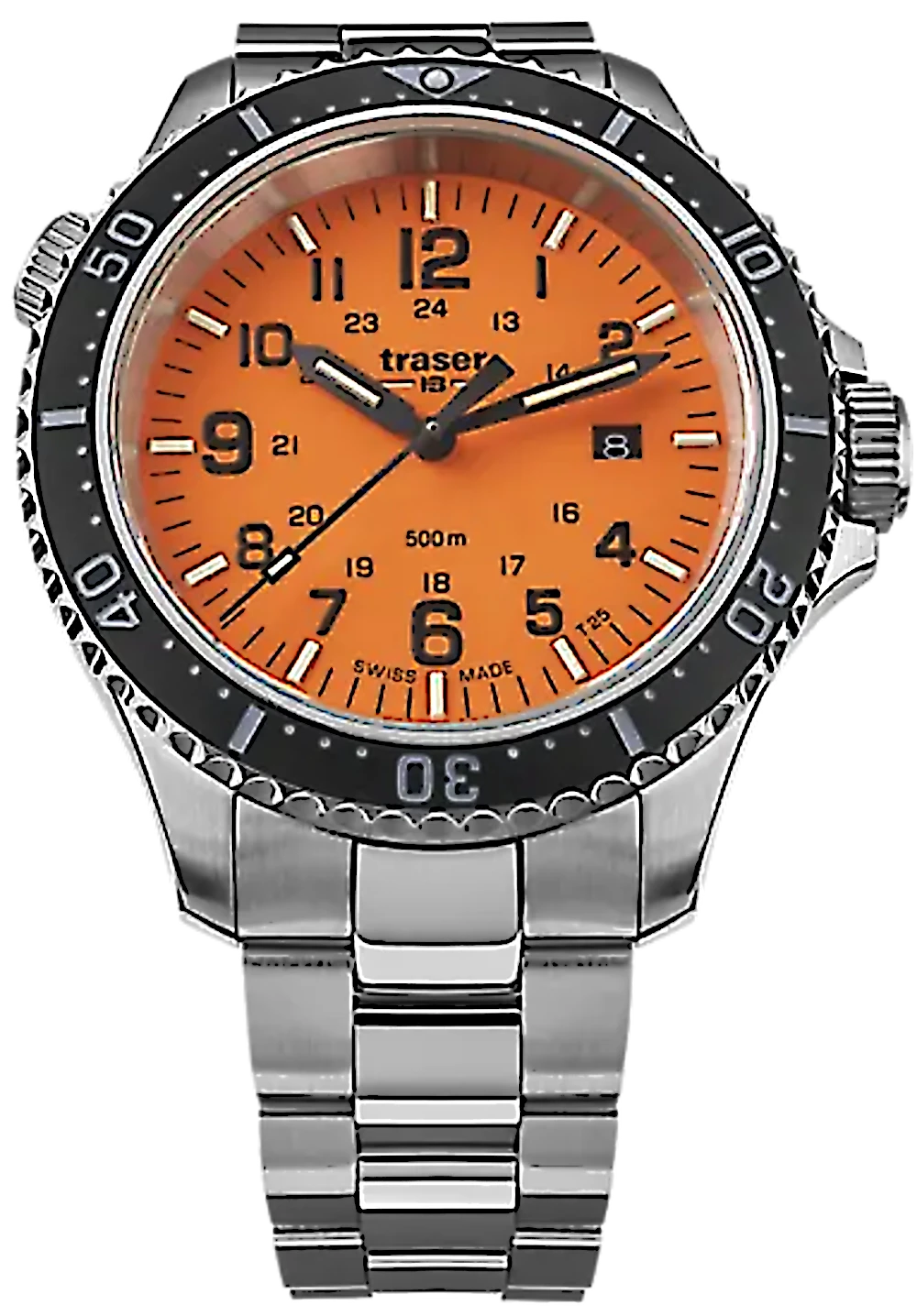 Reloj para hombre con esfera naranja, bisel negro y correa de acero inoxidable