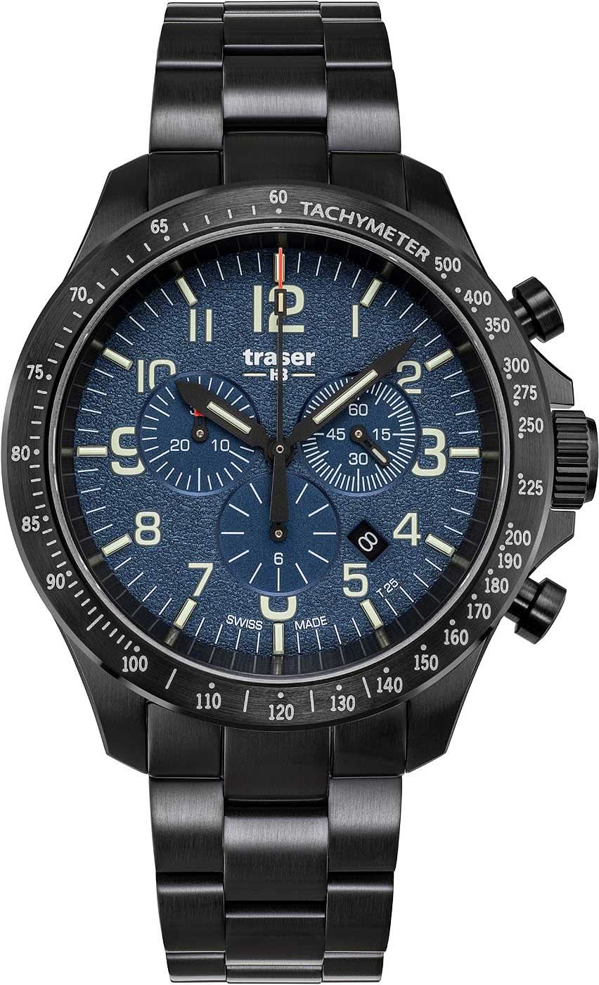 Pulsera de hombre con correa de metal negra, esfera azul e indicadores de cronógrafo.
