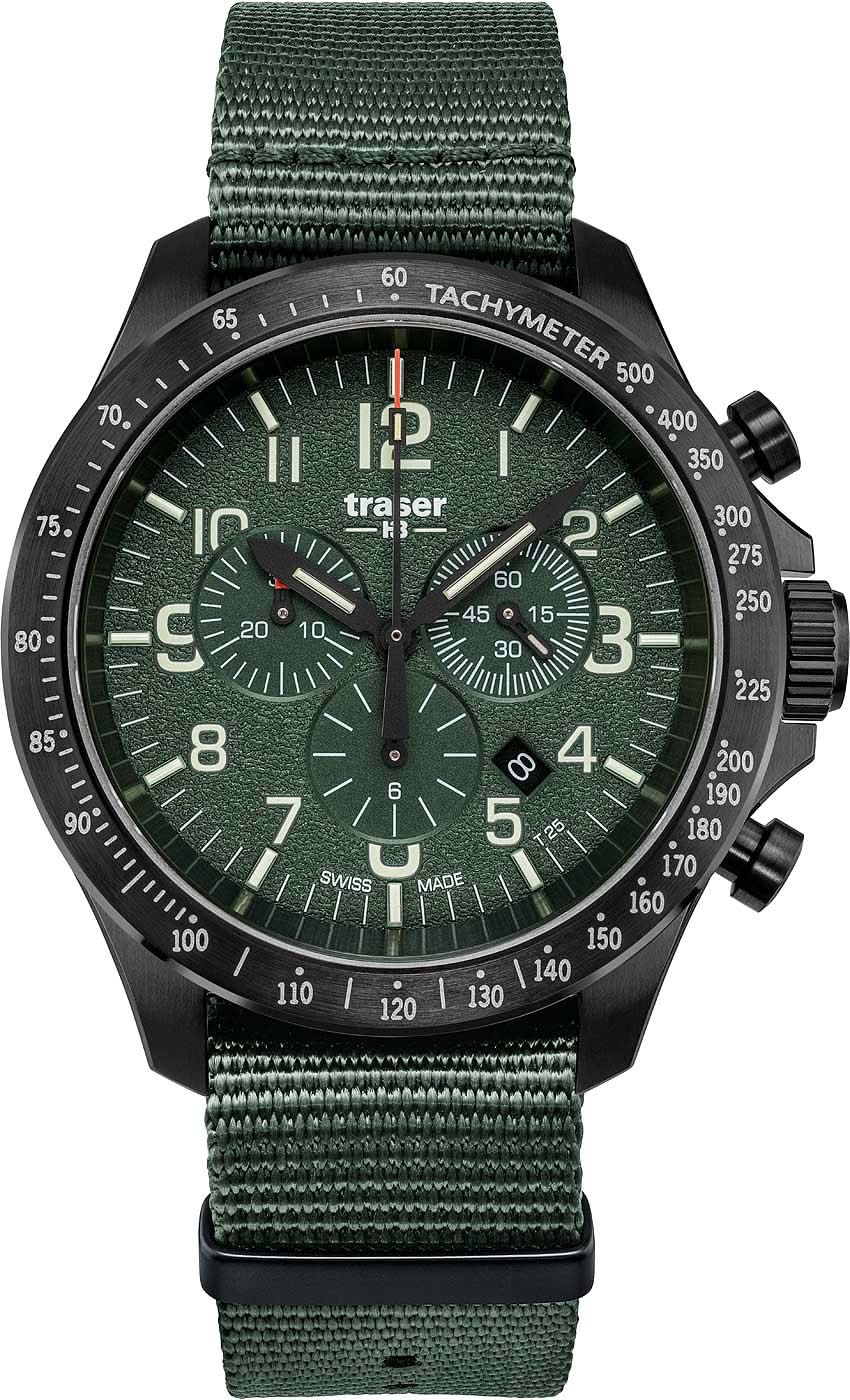Cronógrafo para hombre con esfera verde oscuro y correa textil verde, vista de los pulsadores