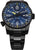 Reloj negro para hombre con correa de metal y esfera azul, detalles en amarillo