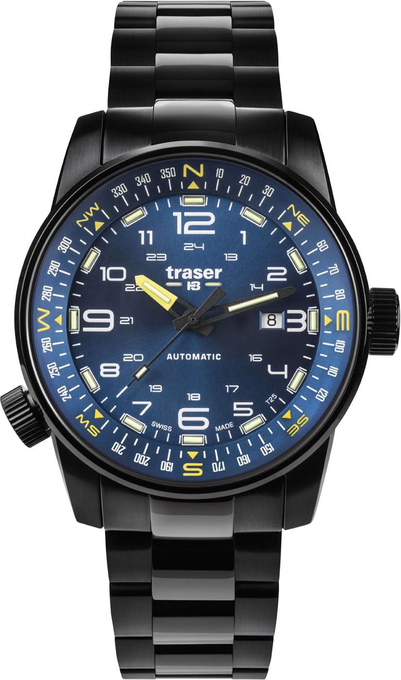 Reloj negro para hombre con correa de metal y esfera redonda, marcadores luminosos azules