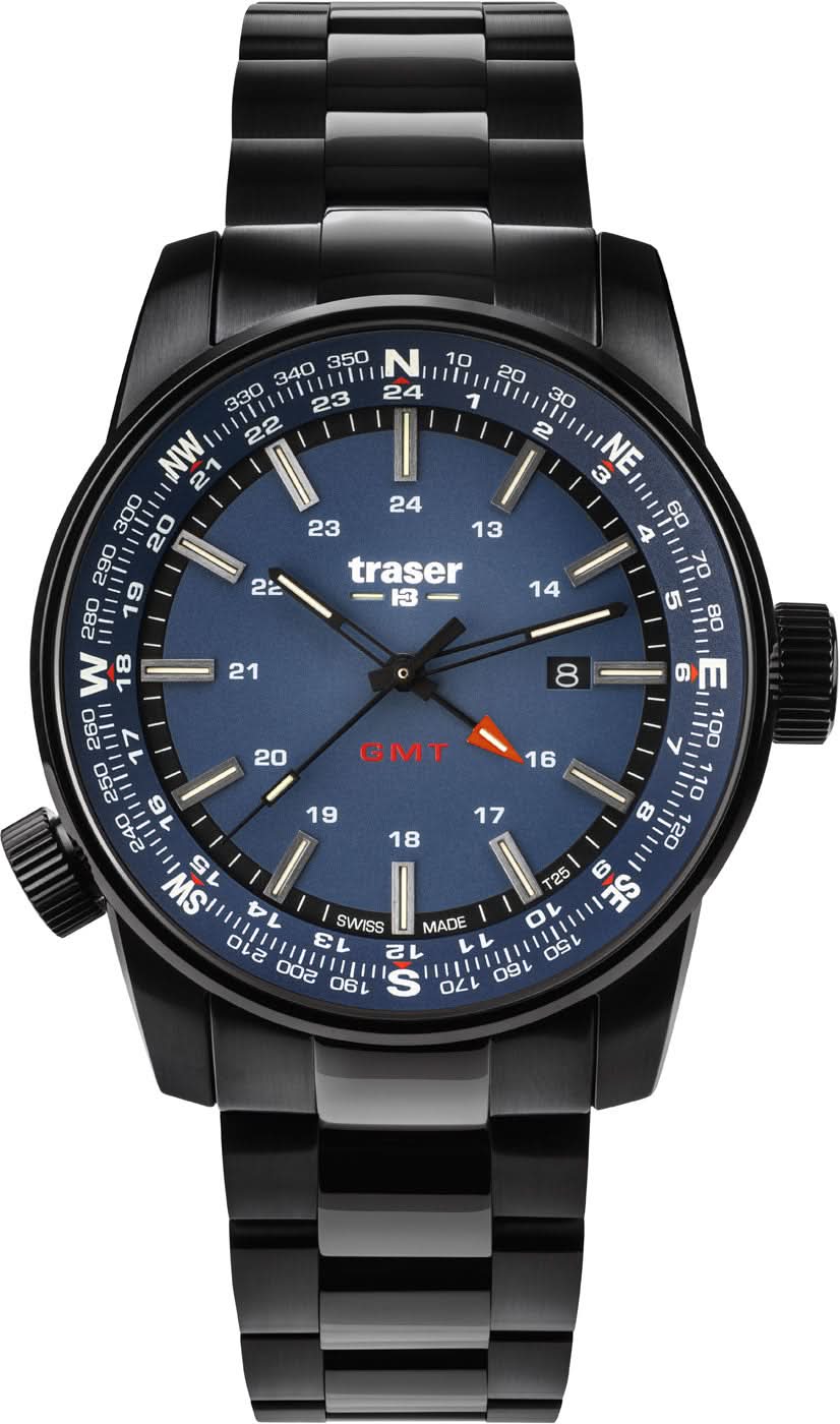 Reloj Traser para hombre, correa de metal negra, esfera azul, punta de aguja naranja