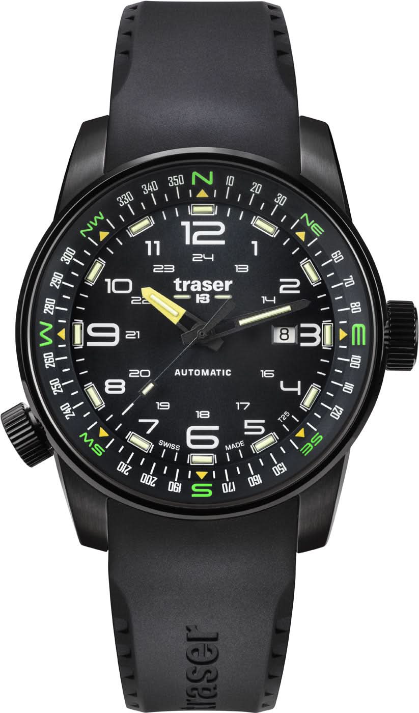 Reloj Traser P68 Pathfinder con correa negra, esfera negra e marcadores verdes