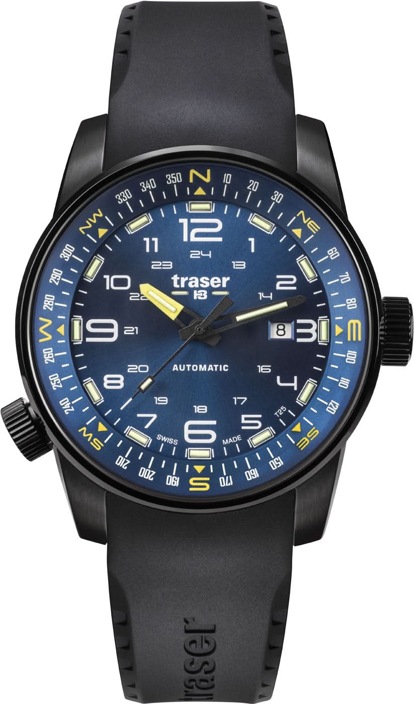 Pulsera de hombre con caja y correa negras, esfera azul, índices multicolores