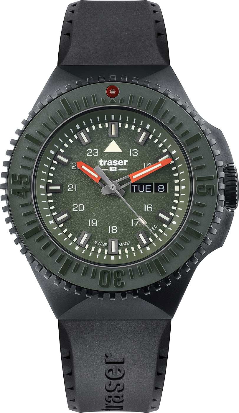 Reloj de hombre con caja y correa negras, índices luminosos verdes, ventana de fecha