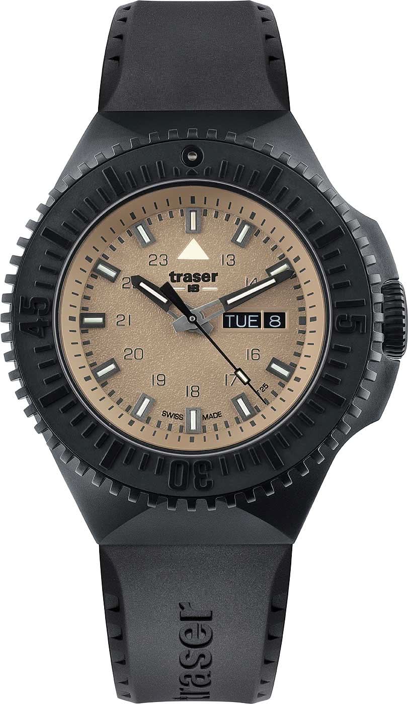 Pulsera de hombre con correa de plástico negro, esfera beige y visualización de fecha