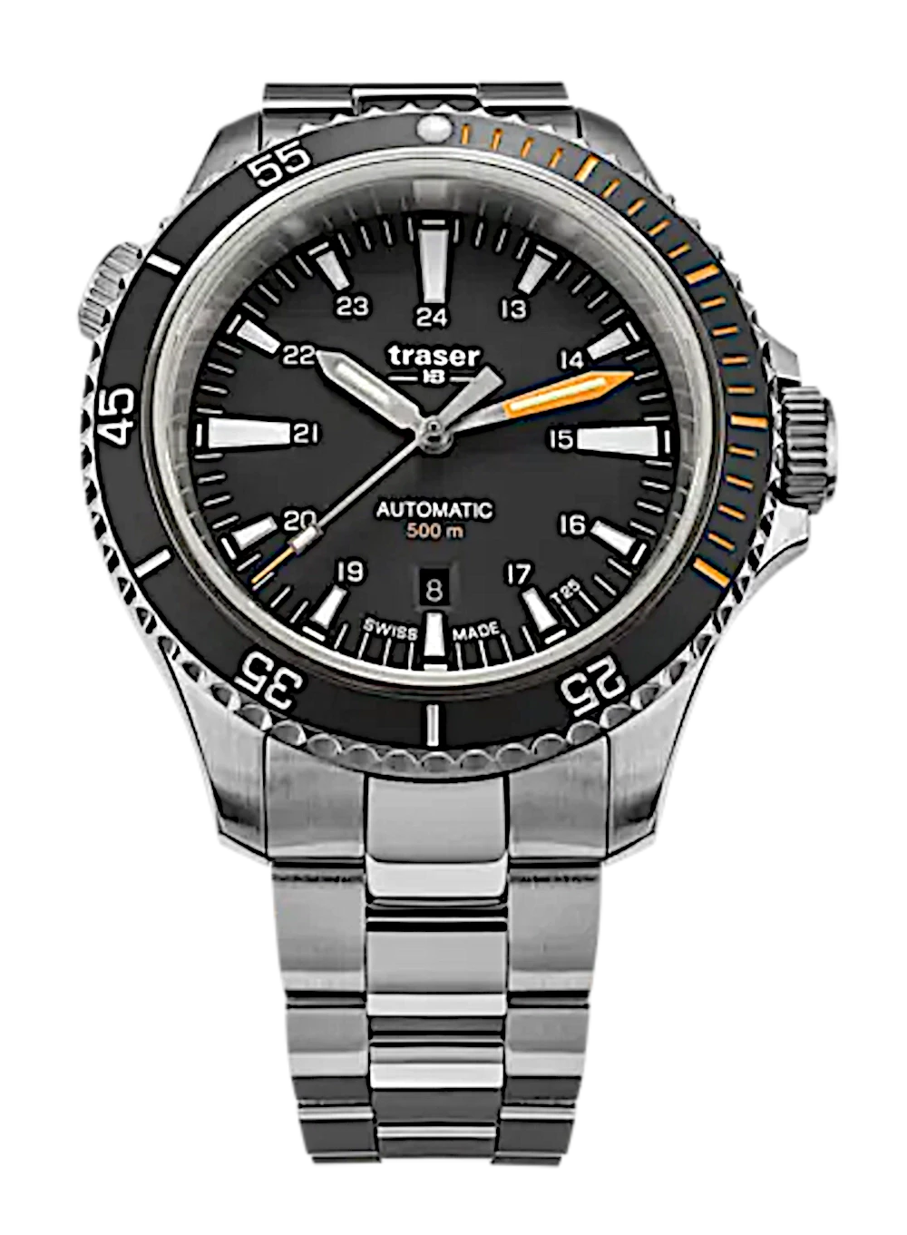 Reloj de buceo para hombre con correa de acero inoxidable plateado y esfera negra, automático
