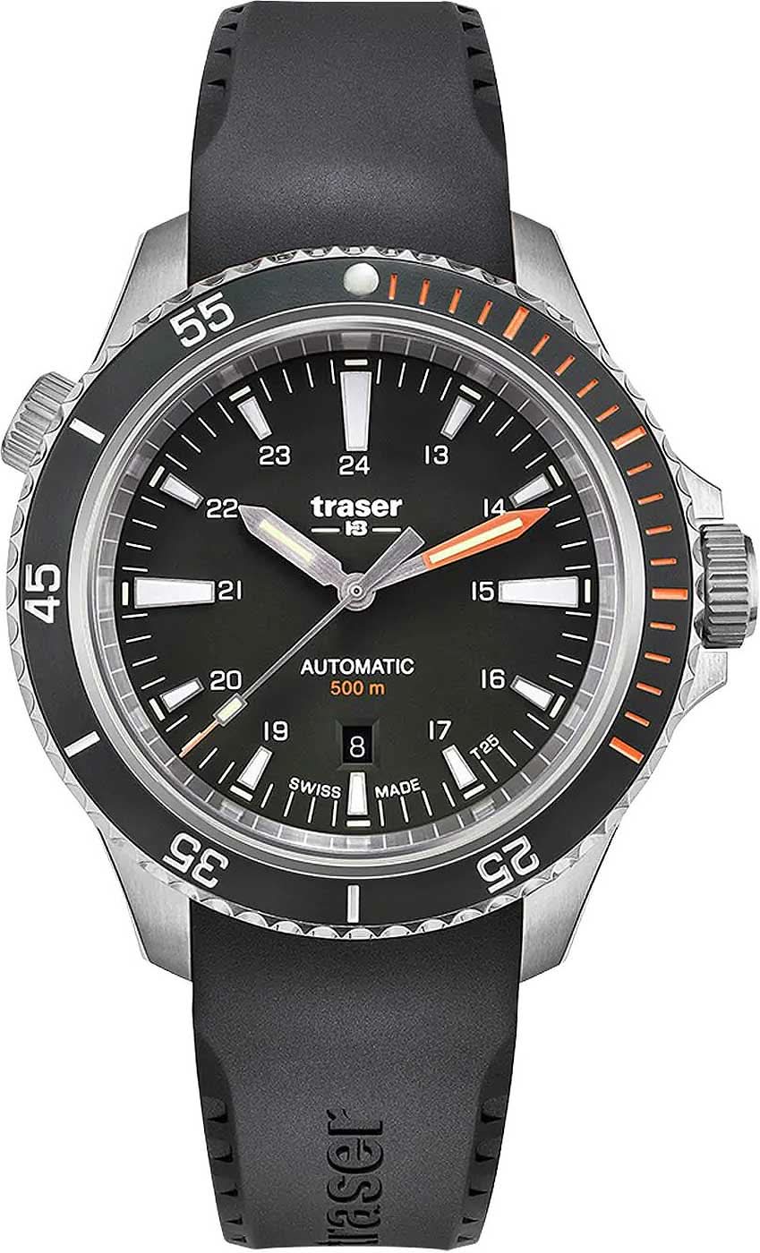 Reloj para hombre con esfera negra, marcadores naranjas y correa de caucho negra