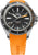 Reloj para hombre con correa de caucho naranja, esfera negra y bisel estriado