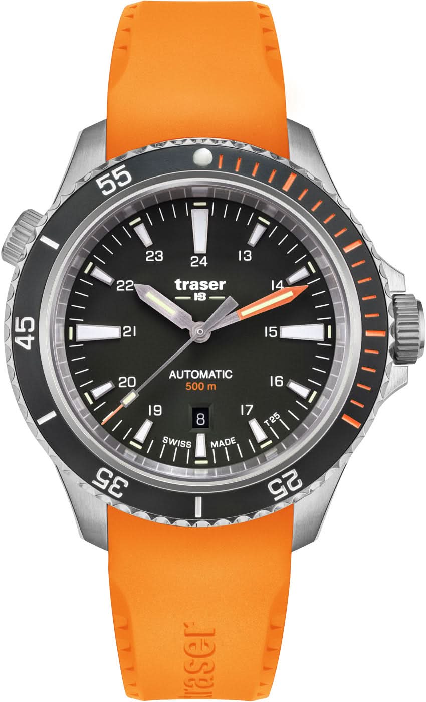 Reloj para hombre con correa de caucho naranja, esfera negra y caja de acero inoxidable