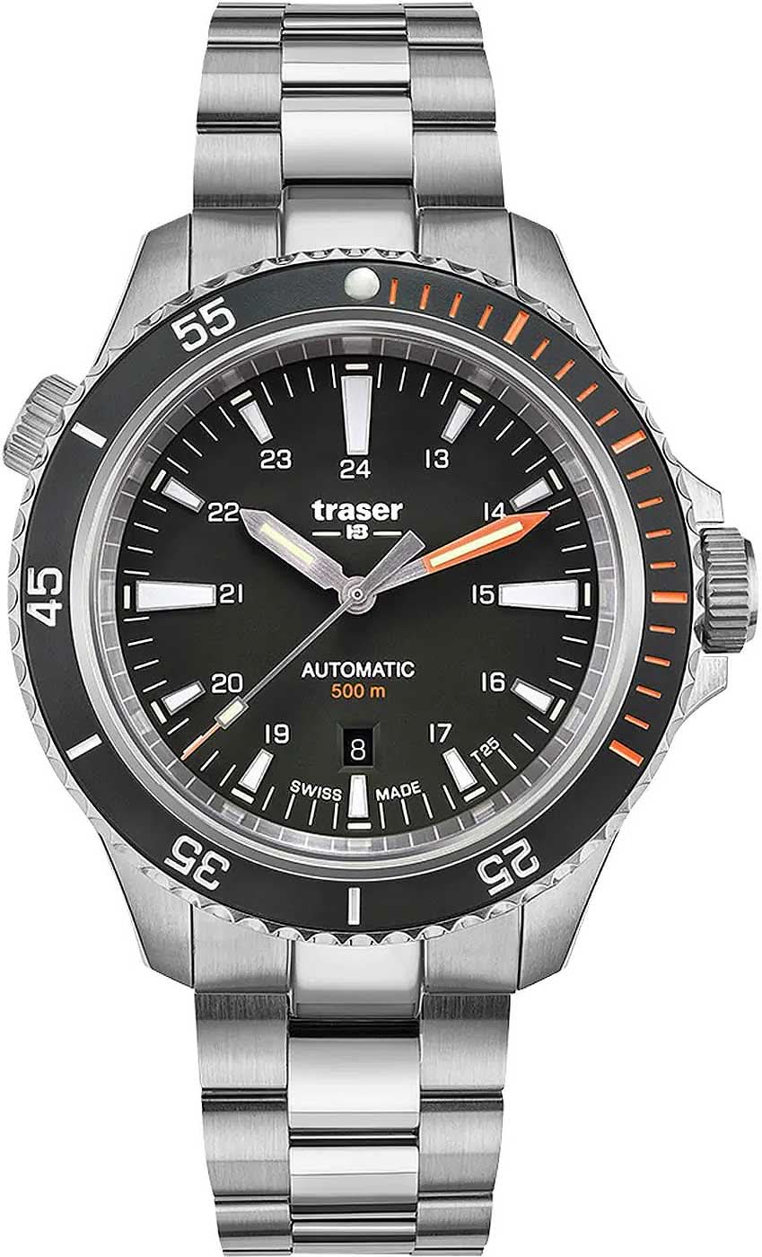 Reloj automático Traser P67 Diver para hombre: esfera negra, correa de metal, ventana de fecha