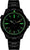 Reloj de hombre con esfera negra y bisel negro, índices luminosos verdes, correa negra