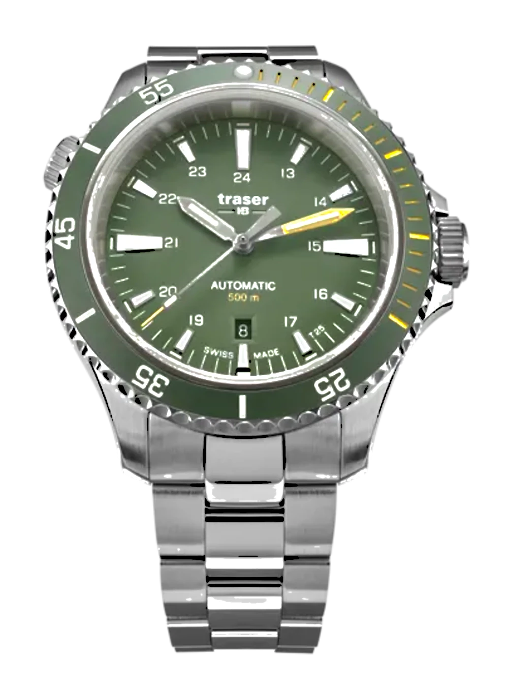 Reloj de buceo para hombre con esfera verde, correa de acero y bisel visible