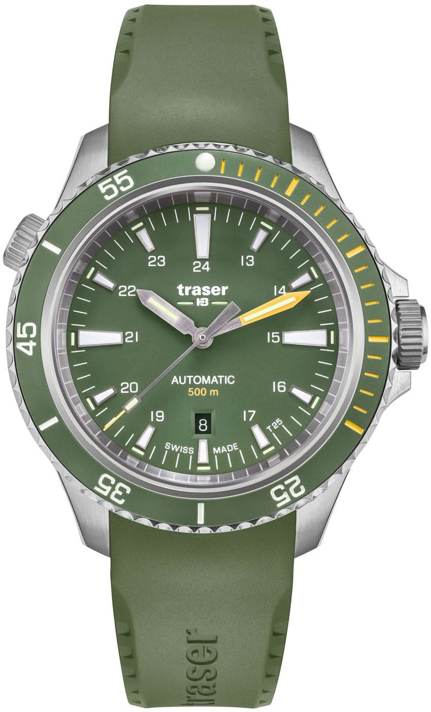 Pulsera de hombre con correa de caucho verde oliva, esfera verde y caja de acero