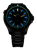 Reloj de hombre con caja negra, índices luminosos azules y correa de metal