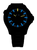 Reloj de hombre con caja negra y manecillas luminosas azul-amarillas, esfera oscura