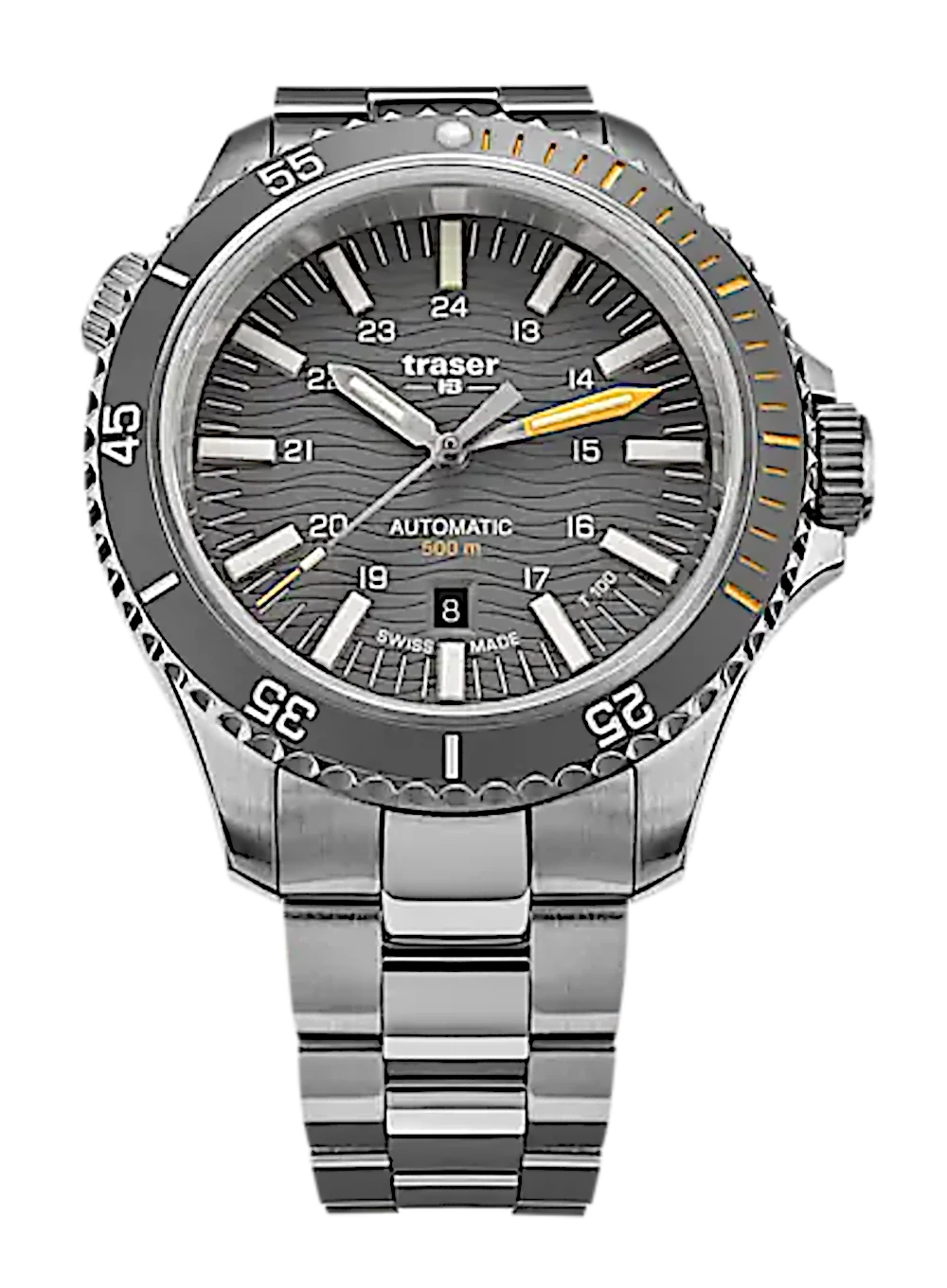 Reloj de hombre con correa de acero plateado y esfera negra, pantalla automática