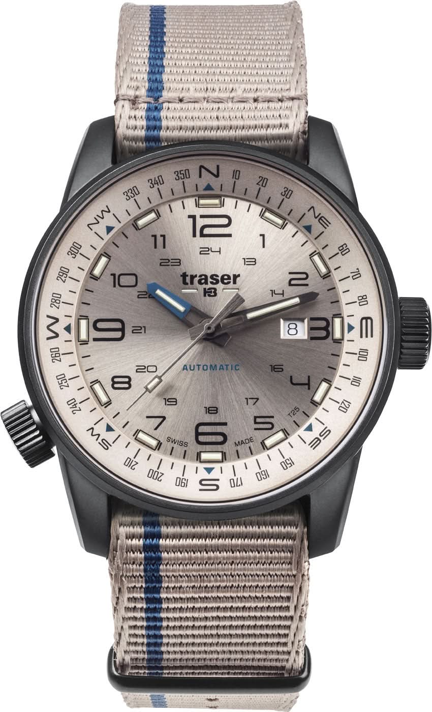 Reloj de hombre con correa de tela beige y raya azul, esfera beige, automático