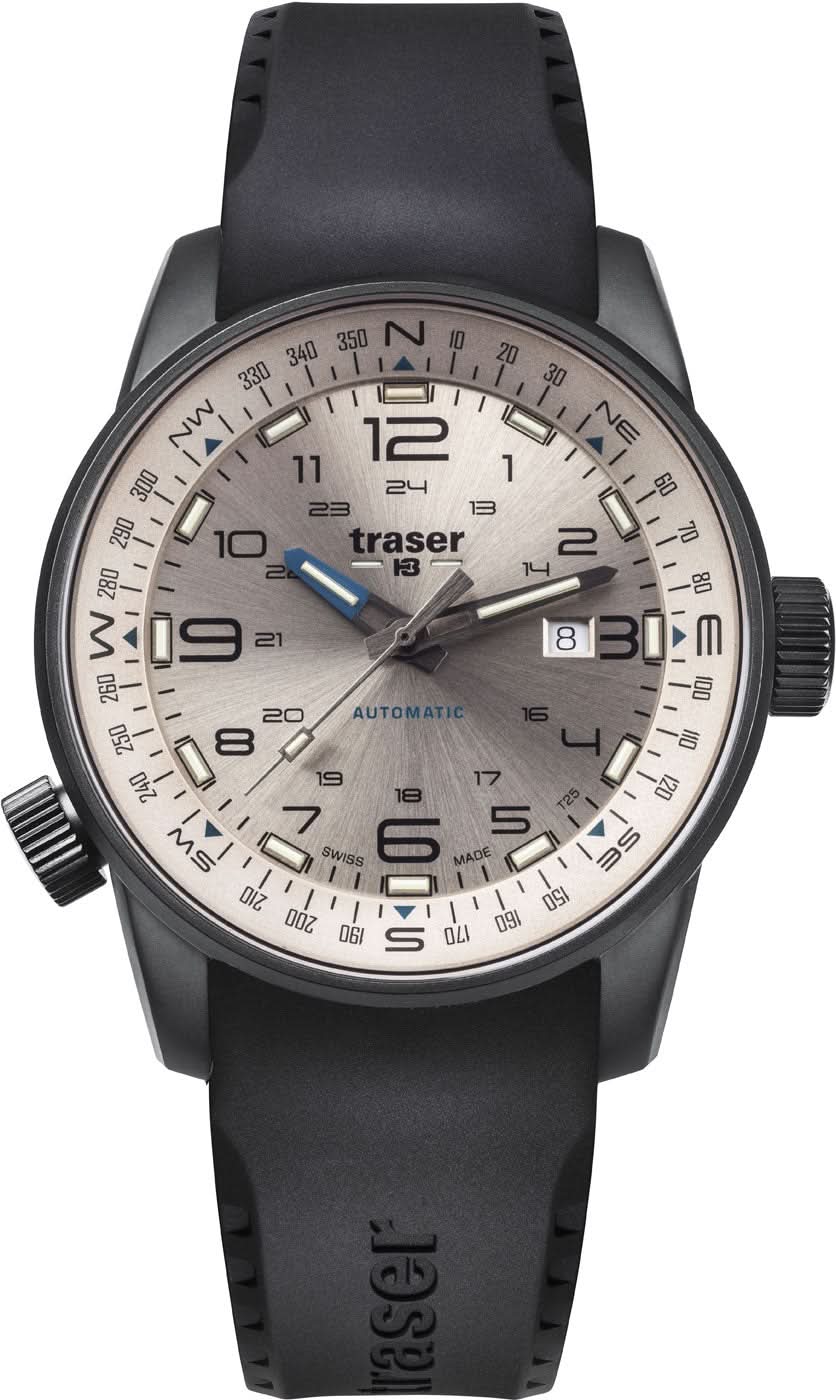Reloj de hombre: esfera clara, luminiscencia Trigalight, manecillas negras, correa de caucho negra