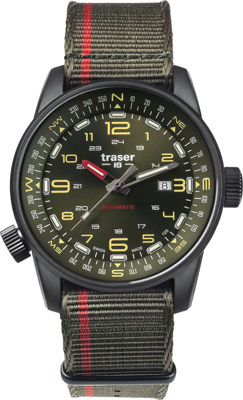 Reloj Traser para hombre con caja redonda negra, esfera negra y correa de tela (oliva, rayas rojas)