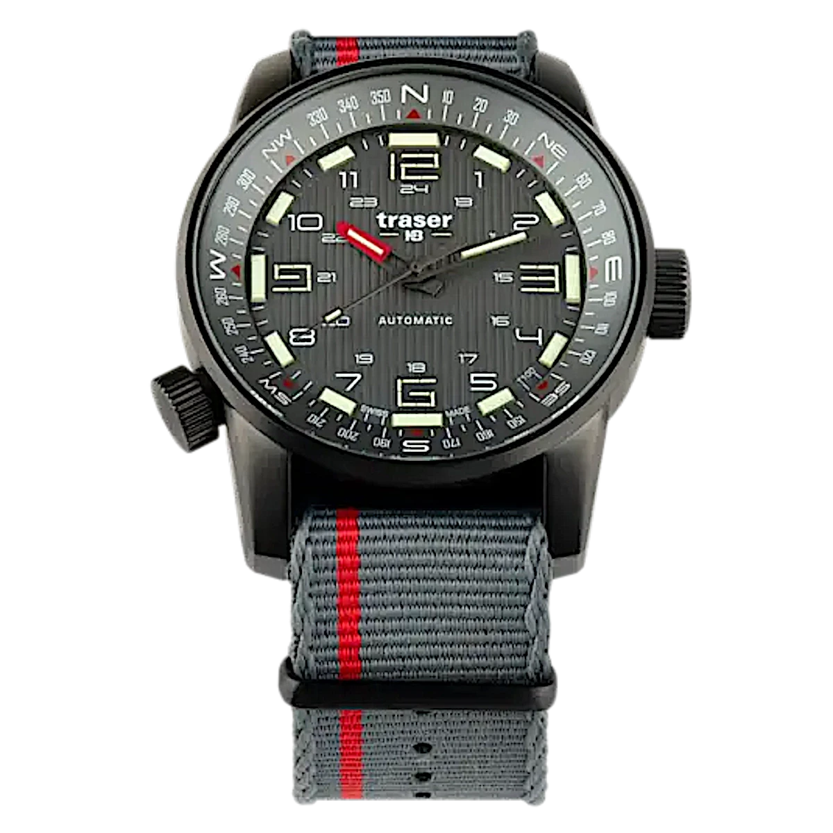 Reloj Traser para hombre: esfera negra, índices luminosos, correa de tela gris con raya roja