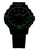 Reloj negro para hombre con manecillas e índices luminiscentes verdes en esfera oscura