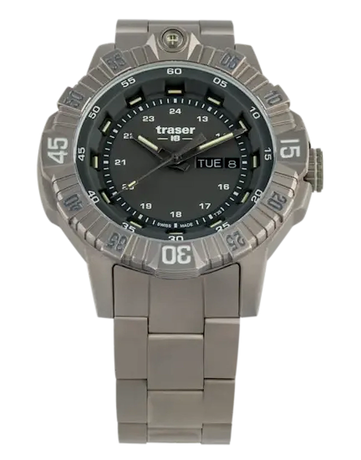 Reloj de hombre Titan, pulsera plateada, esfera negra con índices luminosos