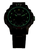 Reloj de hombre con caja y correa negras, esfera verde luminosa