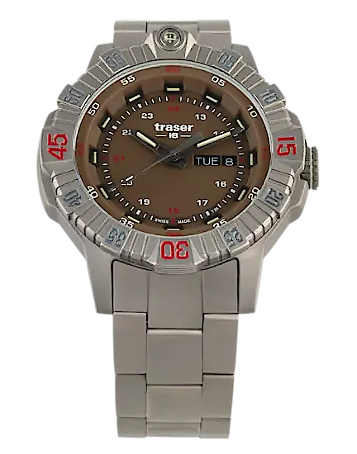 Reloj Traser para hombre con correa de metal, esfera marrón y bisel rojo