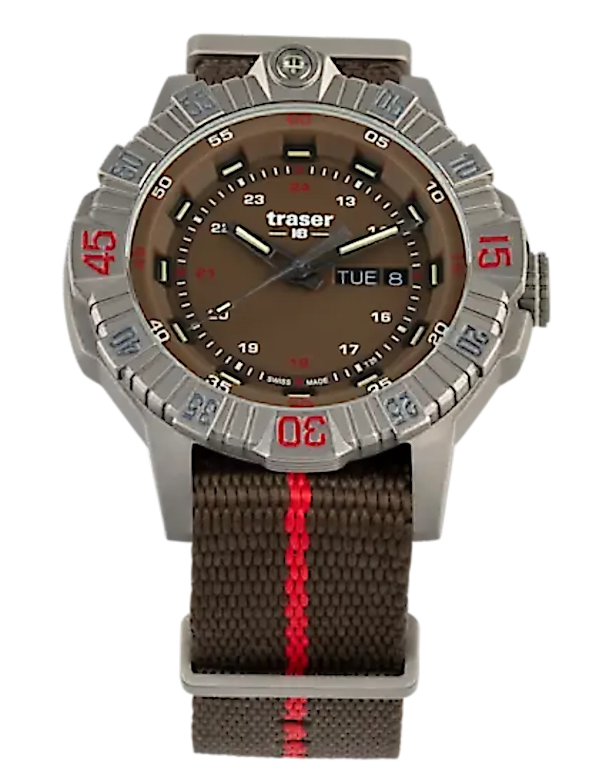 Pulsera para hombre: esfera marrón, caja de titanio, correa de textil con raya central roja