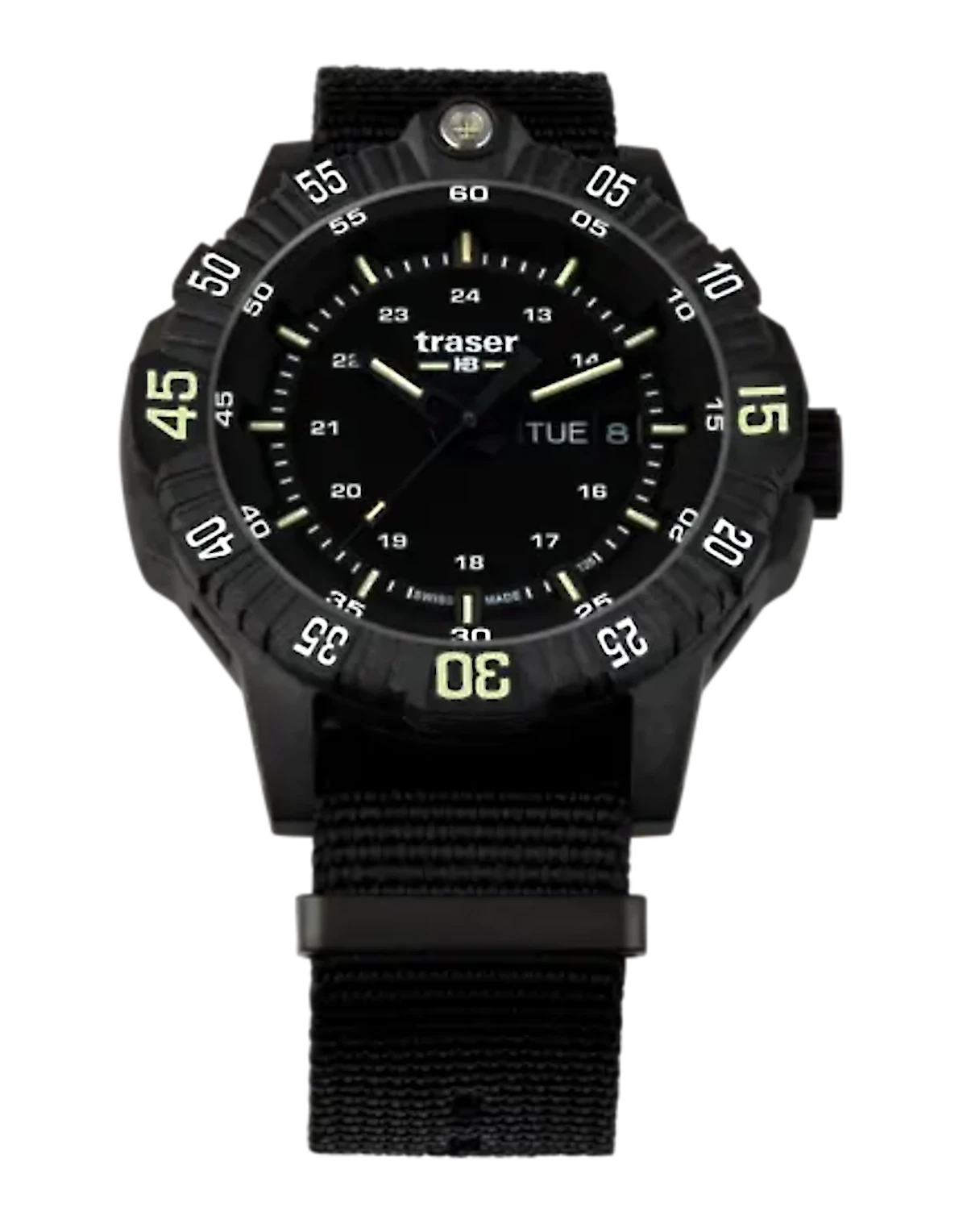 Pulsera para hombre con esfera negra, marcadores luminosos y correa textil negra.