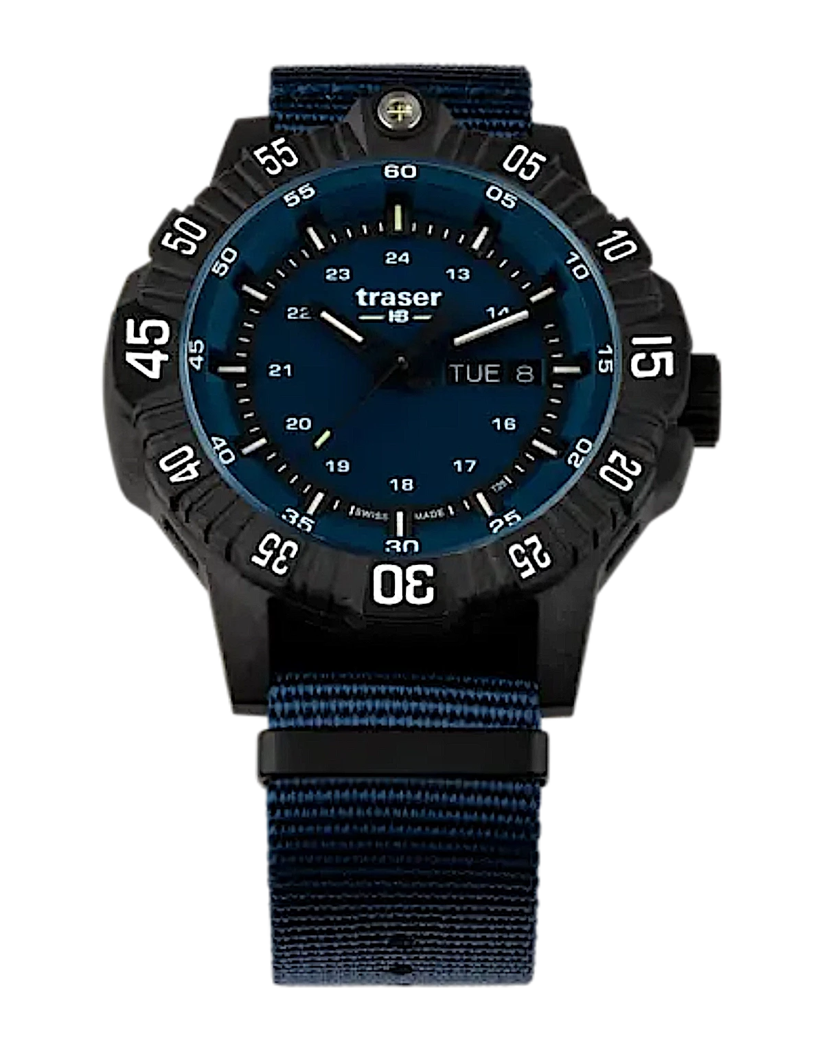 Pulsera de hombre con correa textil azul, caja negra y manecillas/marcadores luminiscentes azules.